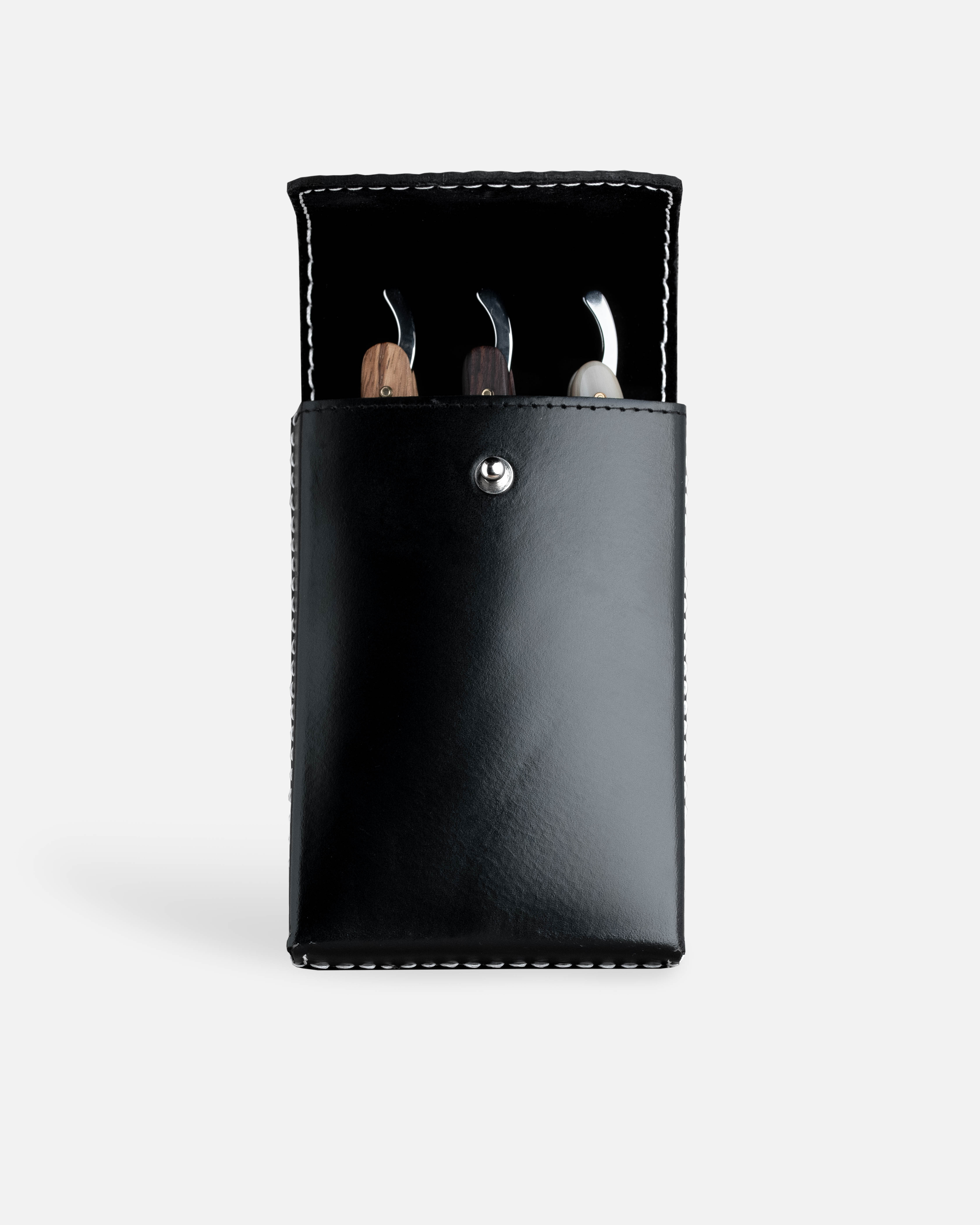 G&F Timor® Etui für 3 Rasiermesser, Leder schwarz mit weißer Naht