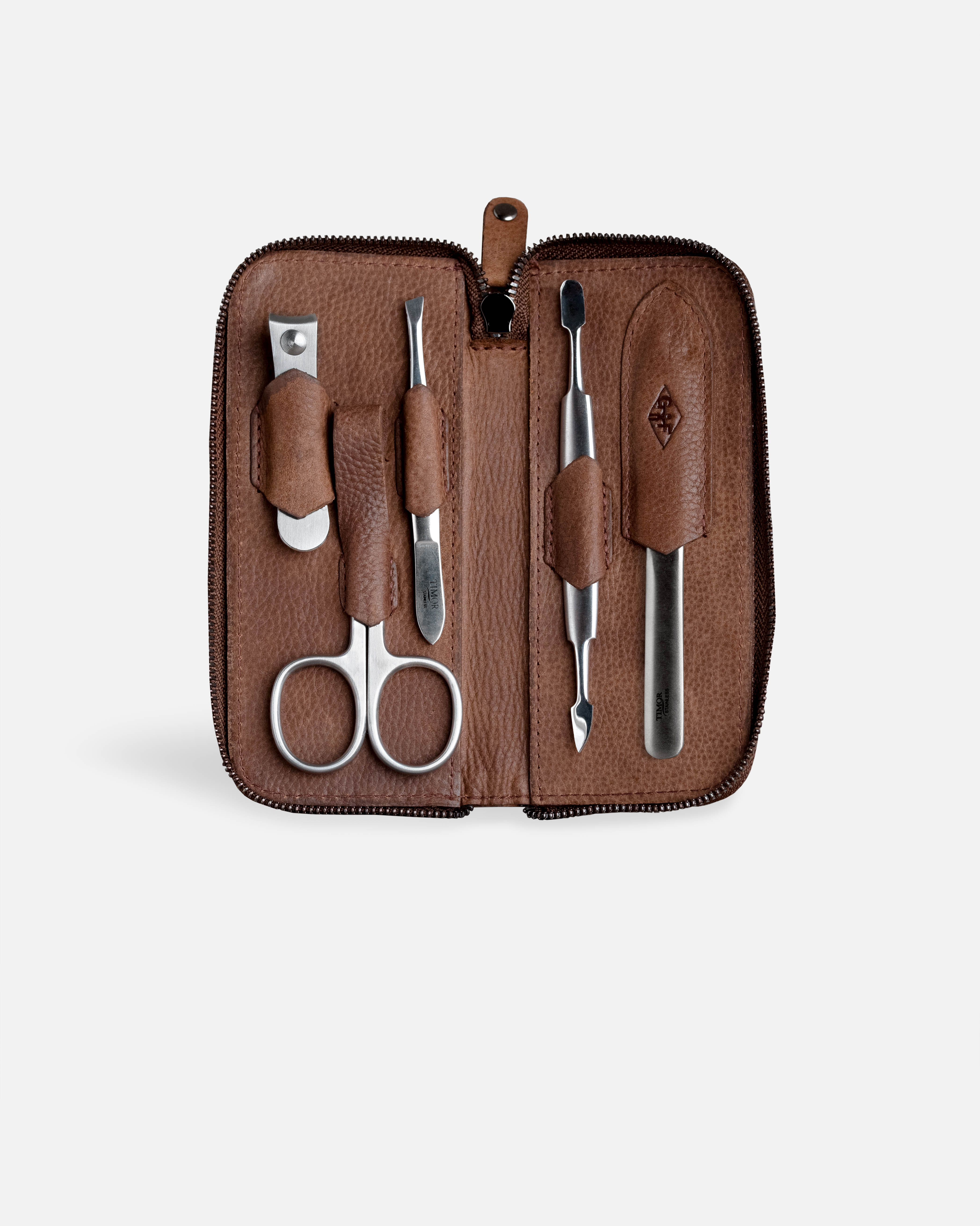 G&F Timor® 5-teiliges Manikürset braunes Leder mit Reißverschluss